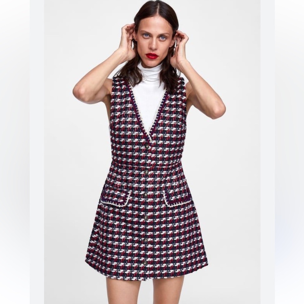 Zara white, red and blue Tweed Dress